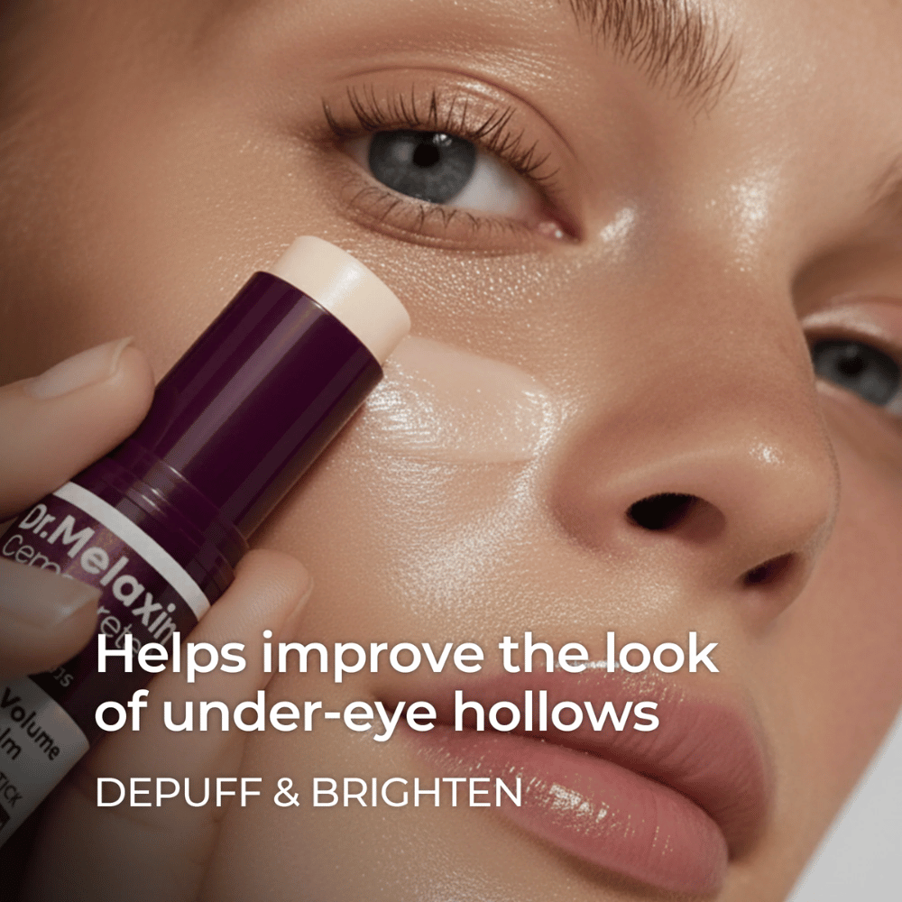 Dr. Melaxin Calcium Volume Multi Balm é usado sob os olhos para reduzir o inchaço, iluminar e melhorar cavidades visíveis.