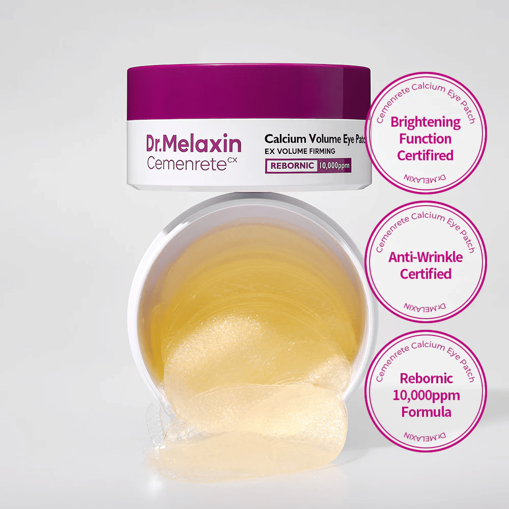 Frasco aberto com adesivos de hidrogel para os olhos da Dr. Melaxin Cemenrete Calcium Volume Eye Patch com Rebornic 10 000 ppm, certificado para efeito anti-rugas e iluminador.