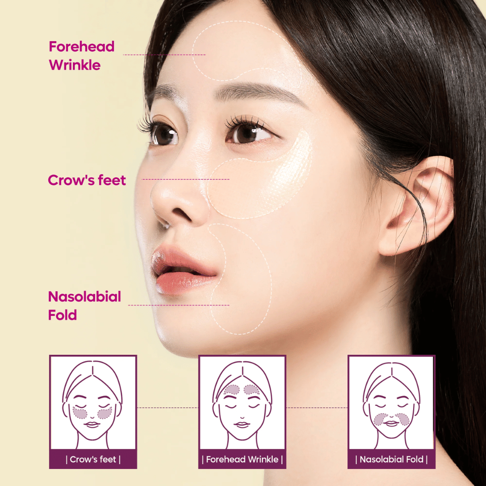Modelo com adesivos para os olhos colocados em pés de galinha, testa e linhas nasolabiais mostrando como Dr. Melaxin Cemenrete Calcium Volume Eye Patch pode ser usado para rugas e perda de volume.