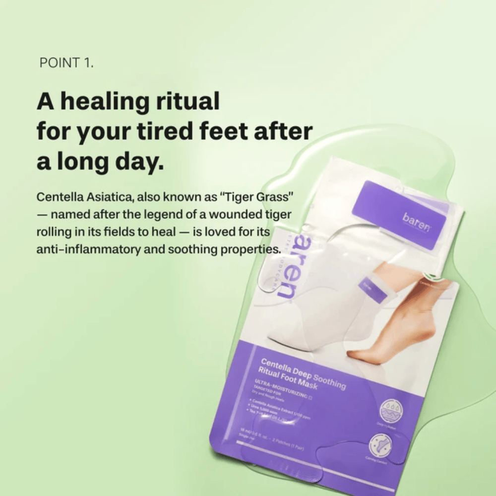 5. Baren Centella Deep Soothing Ritual Foot Mask – cuidado calmante para os pés com centella asiatica para pés cansados, secos e ásperos