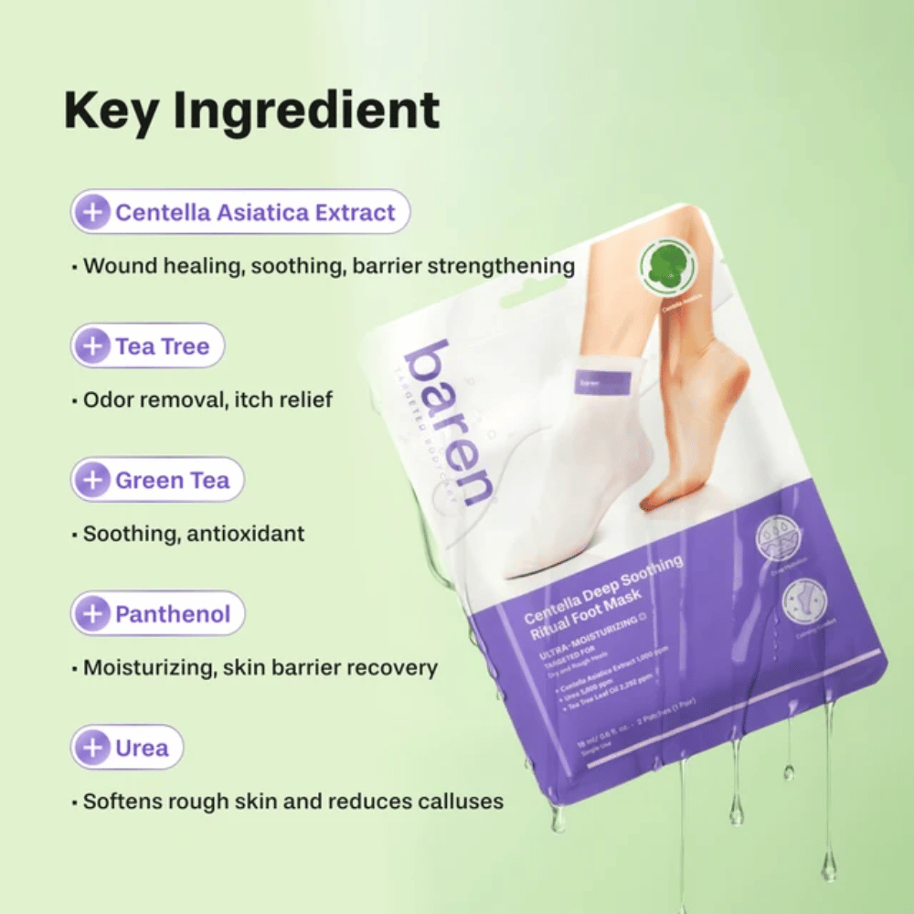 3. Baren Centella Deep Soothing Ritual Foot Mask – ingredientes importantes como centella asiatica, tea tree, chá verde, pantenol e ureia