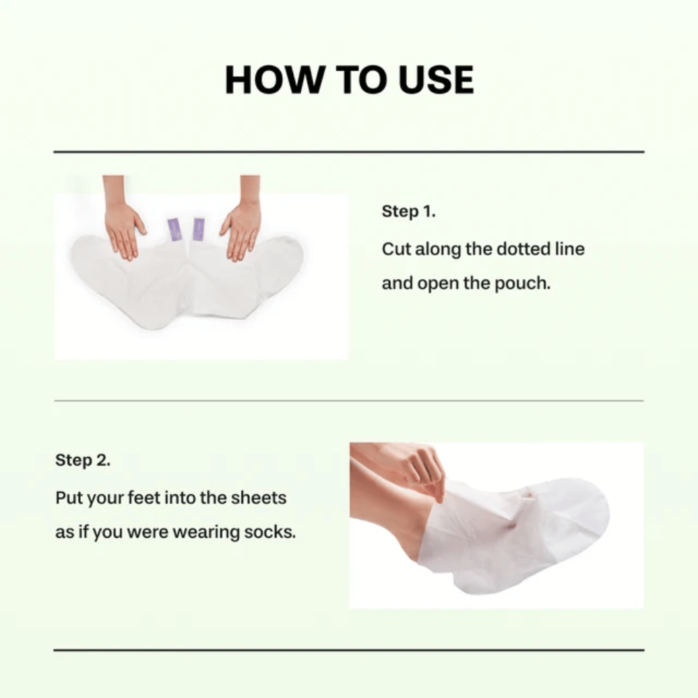 2. Baren Centella Deep Soothing Ritual Foot Mask – passos 1 e 2 que mostram como a embalagem é aberta e as máscaras para os pés são colocadas como meias