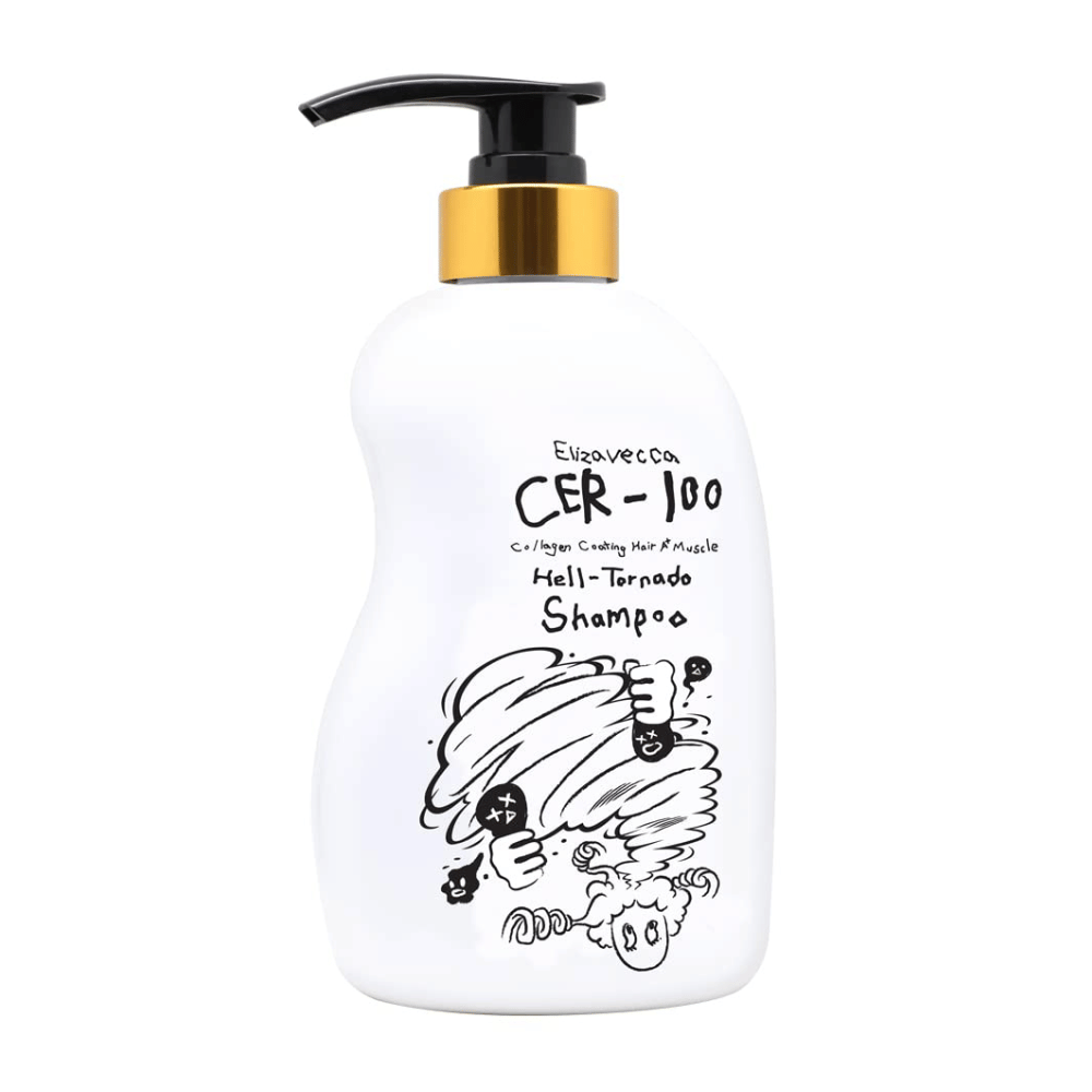 Imagem do produto de Elizavecca CER-100 Collagen Coating Hair A+ Muscle Helltornado Shampoo sobre fundo branco. A embalagem é mostrada claramente com frasco de bomba e a ilustração característica que distingue a série.