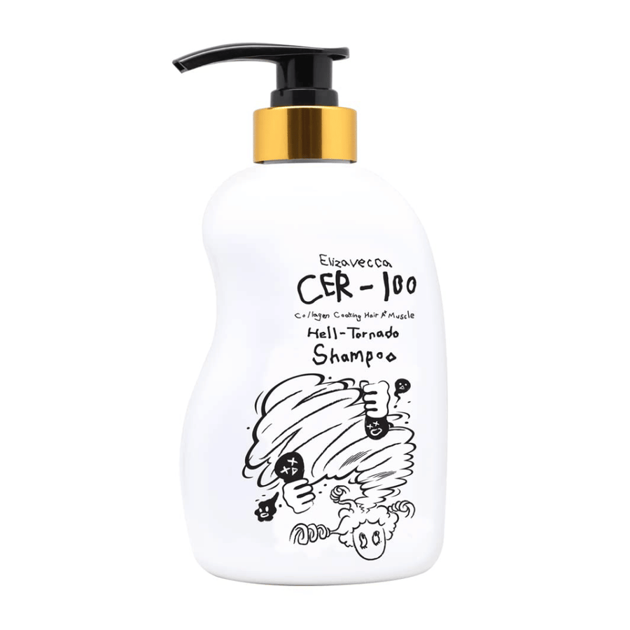 Imagem do produto de Elizavecca CER-100 Collagen Coating Hair A+ Muscle Helltornado Shampoo sobre fundo branco. A embalagem é mostrada claramente com frasco de bomba e a ilustração característica que distingue a série.