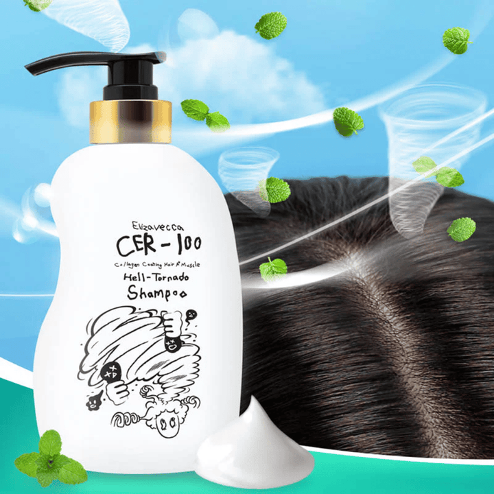 Elizavecca CER-100 Collagen Coating Hair A+ Muscle Helltornado Shampoo é mostrado diante de uma imagem aproximada do couro cabeludo. Ventos em espiral e folhas de hortelã ilustram uma sensação refrescante e revigorante, com foco no cuidado do couro cabeludo.