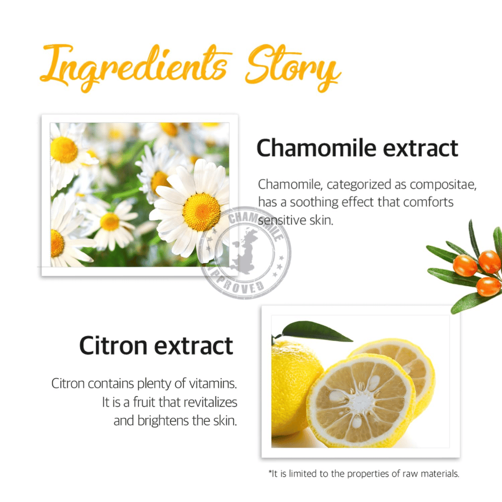 Imagem informativa sobre os ingredientes extrato de camomila e extrato de limão. A imagem descreve propriedades calmantes, refrescantes e iluminadoras para pele sensível e cansada.