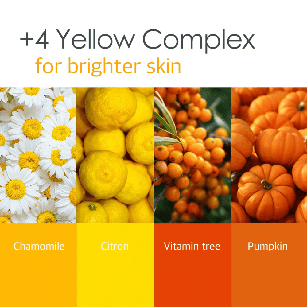 Imagem informativa sobre o “4 Yellow Complex” com ingredientes como camomila, limão, vitamin tree e abóbora. O foco está num tom de pele mais uniforme e em propriedades iluminadoras.