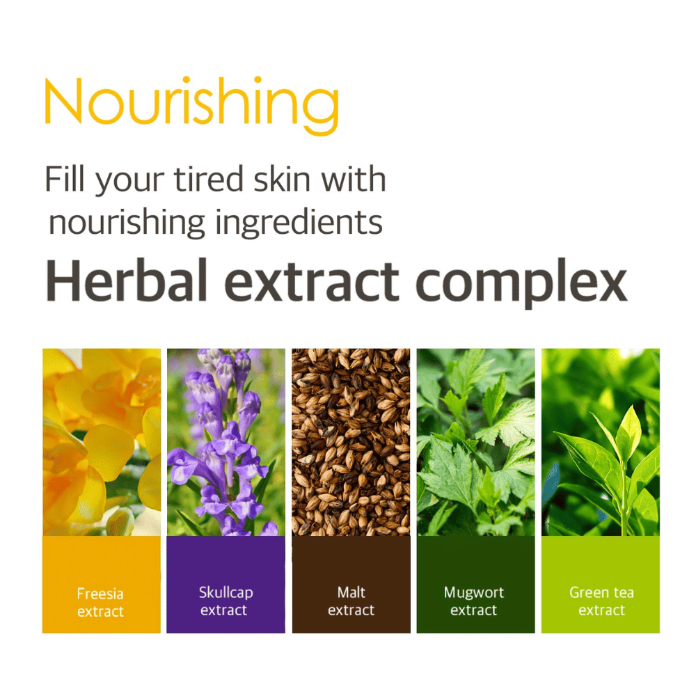 Imagem informativa sobre o Herbal Extract Complex com extratos vegetais de, entre outros, frésia, skullcap, malte, artemísia e chá verde, que ajudam a nutrir e cuidar da pele cansada.