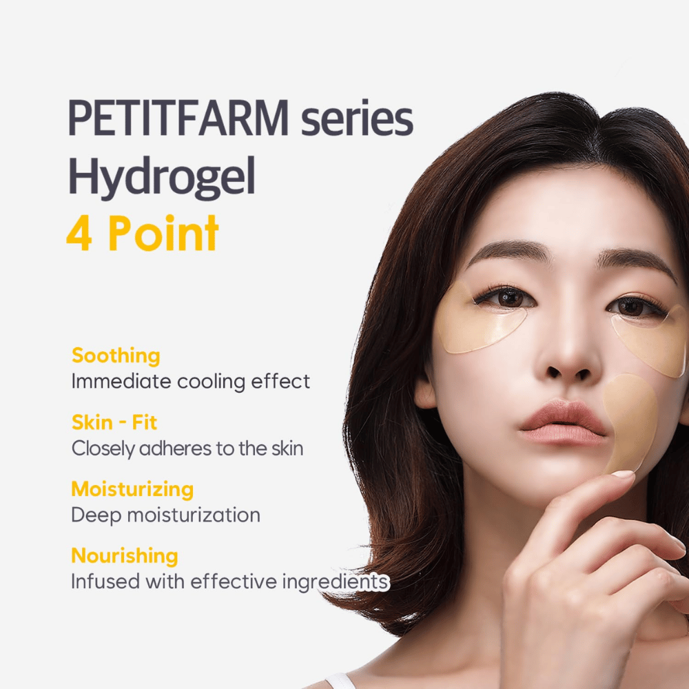 Imagem promocional com modelo a usar patches de hidrogel para os olhos. A imagem destaca os quatro principais benefícios do produto: efeito calmante, adaptação perfeita à pele, hidratação profunda e ingredientes nutritivos.
