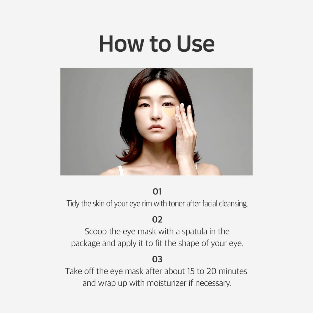 Imagem de instruções que mostra como Chamomile Lightening Hydrogel Eye Mask é utilizado após a limpeza e o tónico. O guia descreve a aplicação, o tempo de atuação e a hidratação final à volta dos olhos.