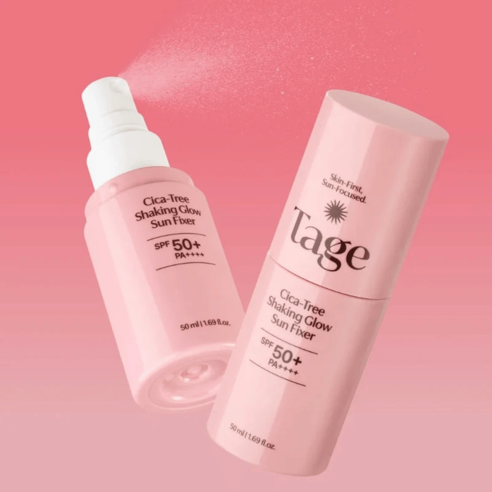 TAGE Cica-Tree Shaking Glow Sun Fixer SPF50+ PA++++ – spray de protetor solar hidratante com glow