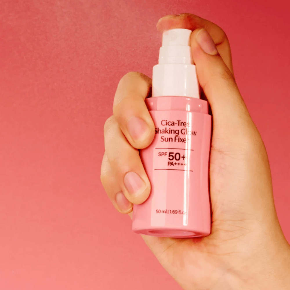 TAGE Cica-Tree Shaking Glow Sun Fixer SPF50+ – aplicação de protetor solar coreano com bomba de spray