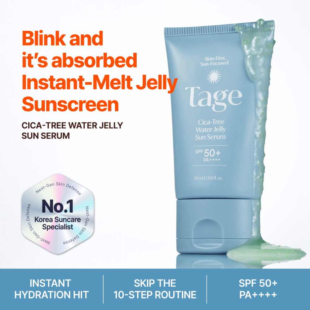 Tage Cica-Tree Water Jelly Sun Serum SPF 50+ com textura leve de gel. Tubo azul de protetor solar com gel verde que mostra a textura do produto.