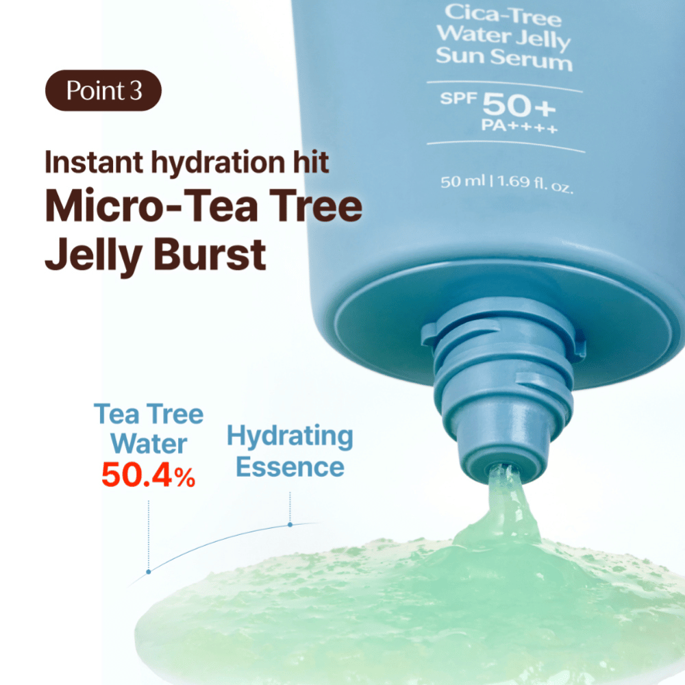 Tage Cica-Tree Water Jelly Sun Serum SPF 50+ com 50,4 % de água de tea tree. Grande plano do gel verde hidratante a ser espremido para fora do tubo.