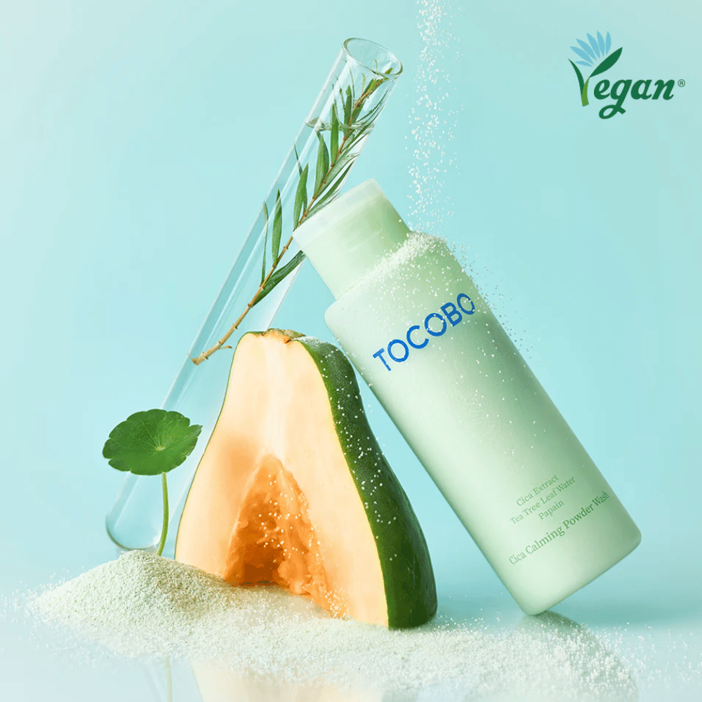 TOCOBO Cica Calming Powder Wash com melão e extratos vegetais que proporcionam uma exfoliação suave e hidratação.