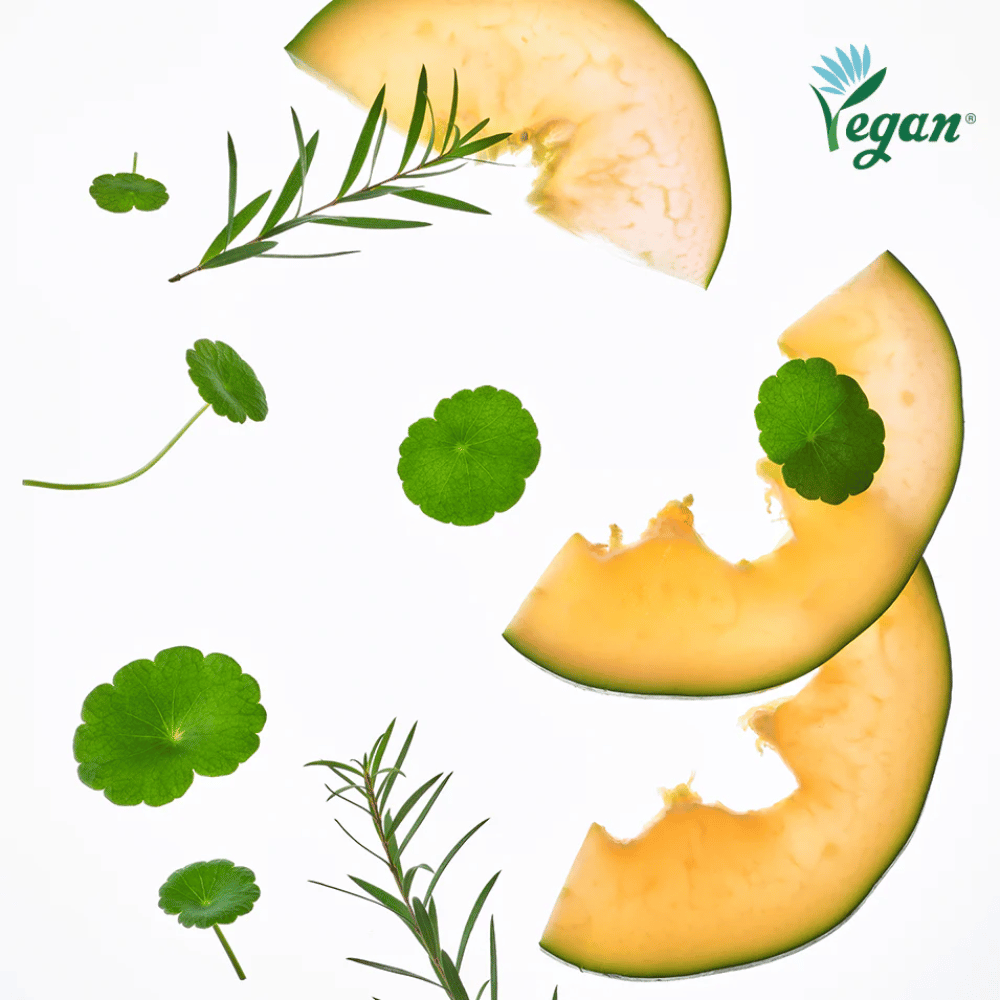 Cuidados de pele veganos com melão, centella asiatica e extratos vegetais que acalmam a pele e proporcionam hidratação.