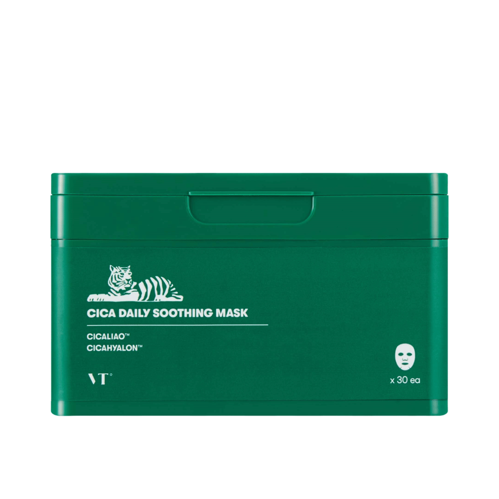 Embalagem verde com o texto "Cica Daily Soothing Mask" e uma ilustração branca de um tigre, contendo 30 máscaras de folha.