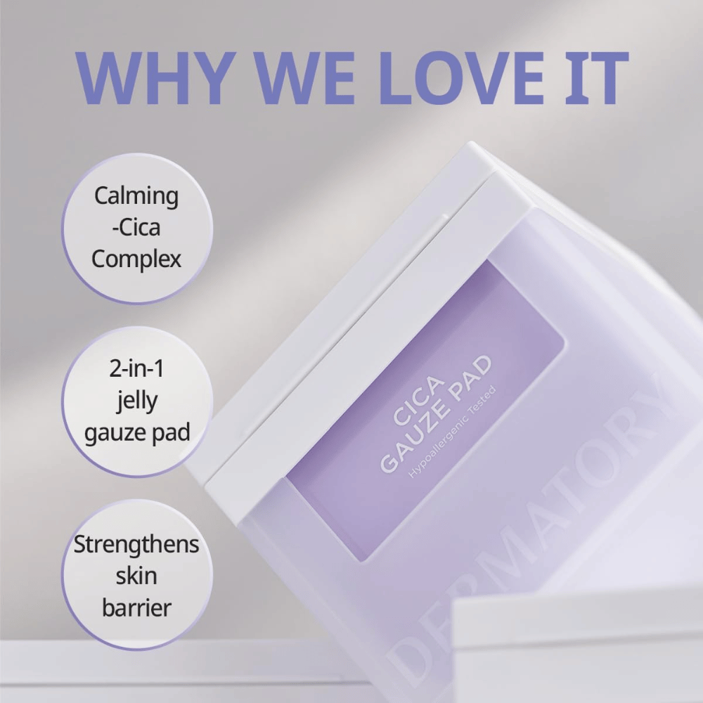 Imagem de Cica Gauze Pad com o texto 'Por Que Amamos Isso'. O produto contém um complexo calmante de Cica, funciona como um curativo em gel 2-em-1 e fortalece a barreira da pele. Perfeito para pele sensível.