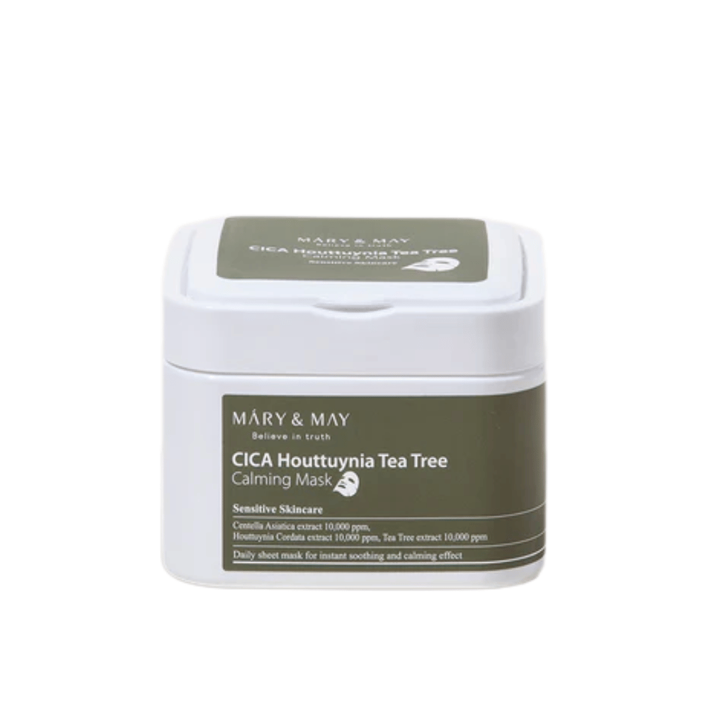 Mary & May Cica Houttuynia Tea Tree Calming Mask – pote com máscaras faciais calmantes para pele sensível, enriquecido com centella, houttuynia e extrato de tea tree.