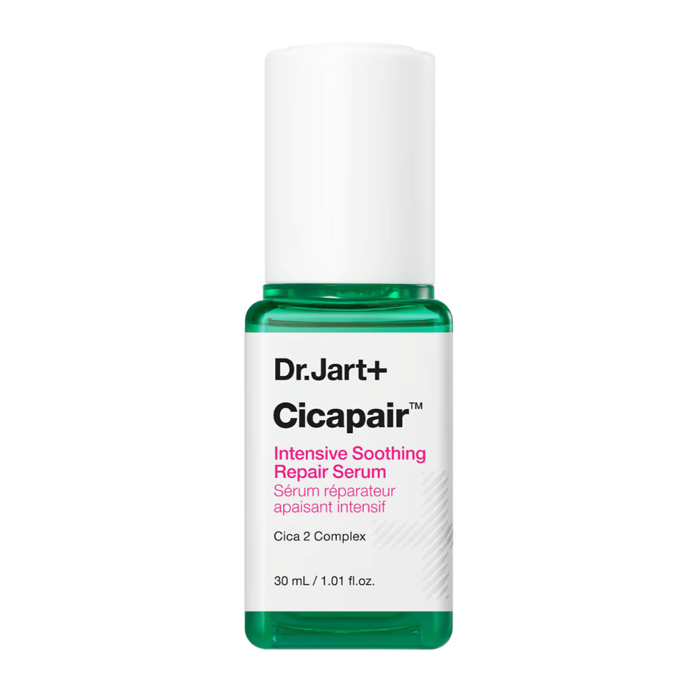 Dr.Jart+ Cicapair Intensive Soothing Repair Serum, frasco de 30 ml. O frasco tem uma tampa branca com uma base verde e um rótulo com o texto "Cicapair Intensive Soothing Repair Serum" e "Cica 2 Complex".