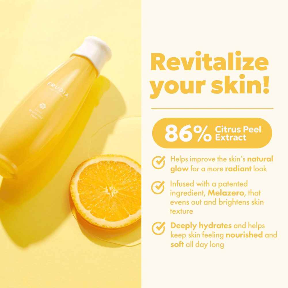 FRUDIA Citrus Brightening Toner com 86% de extrato de casca de cítrico – tônico hidratante e iluminador que melhora o brilho natural da pele e proporciona uma pele macia e radiante.