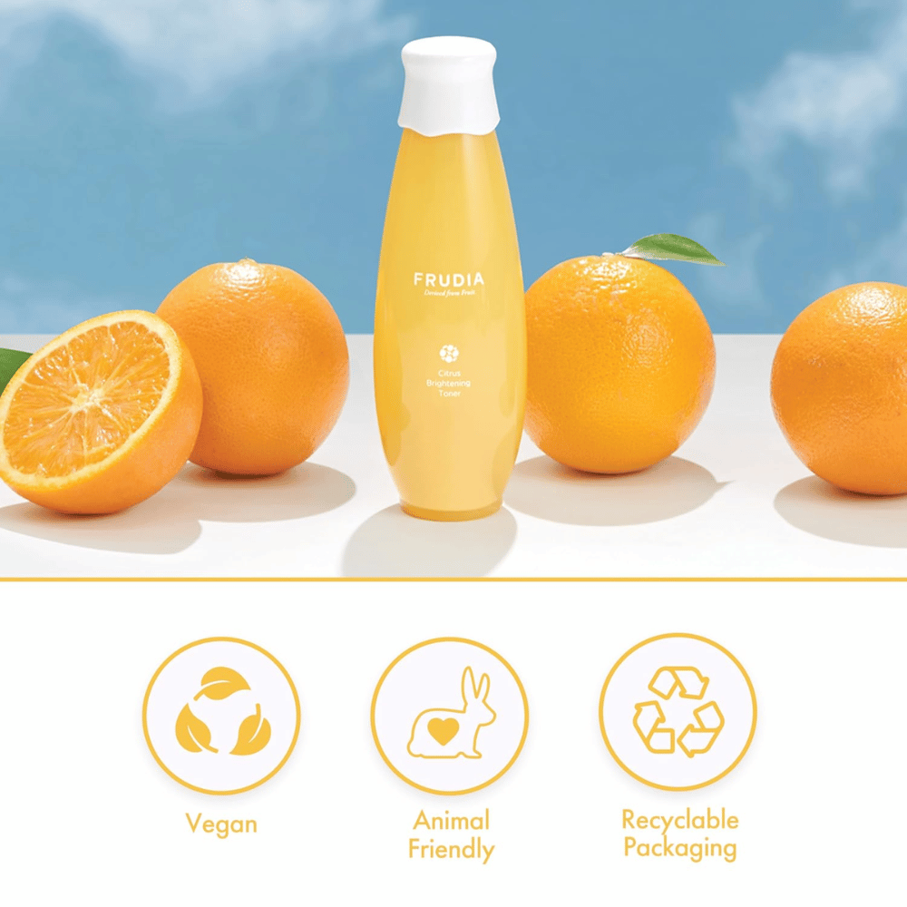 FRUDIA Citrus Brightening Toner com laranjas – tônico coreano iluminador com cítricos, vitamina C e extratos de frutas que uniformiza o tom da pele e proporciona um brilho natural.