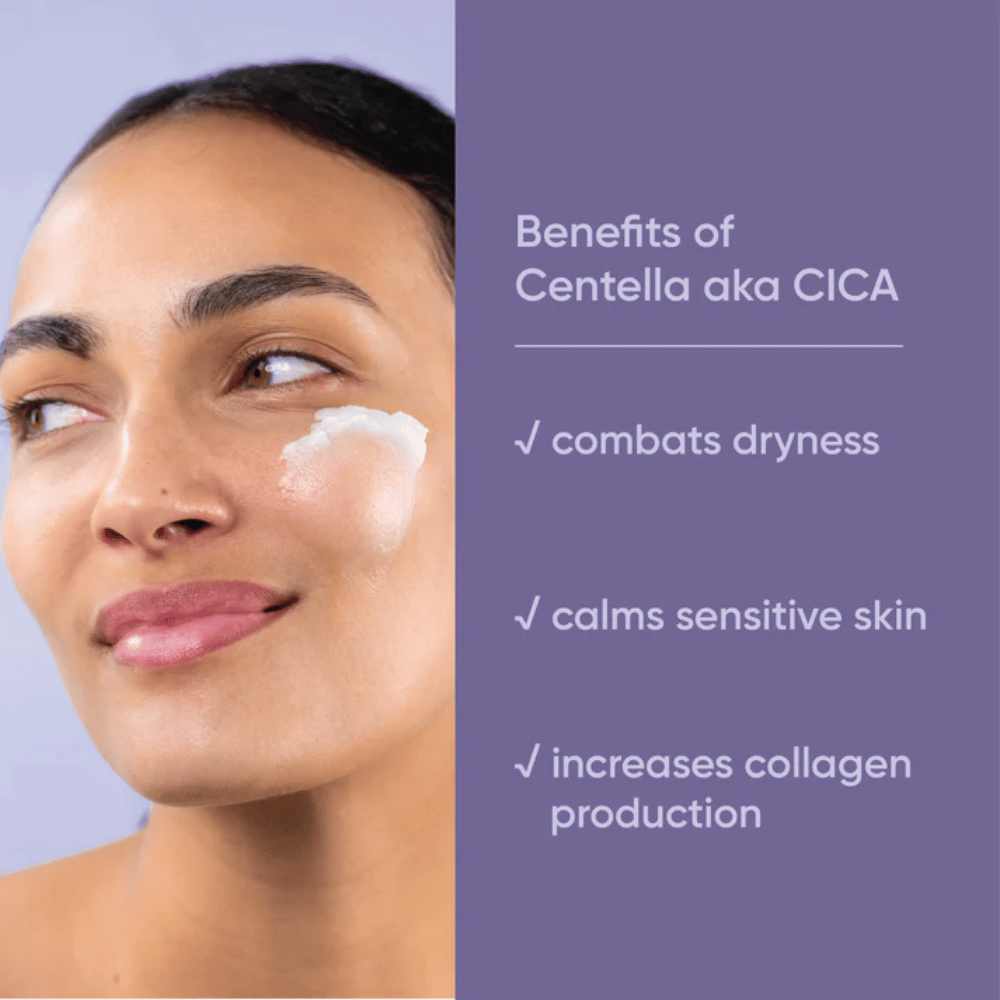 Pessoa aplicando creme facial, gráfico que mostra os benefícios da Centella Asiatica (CICA) em Clean It Zero Calming Cleansing Balm para pele seca, sensível e aumento da produção de colágeno.