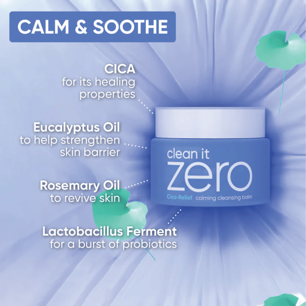 Imagem informativa para Clean It Zero Cica-Relief Calming Cleansing Balm que destaca ingredientes calmantes como CICA, óleo de eucalipto, óleo de alecrim e fermento de lactobacillus para uma barreira cutânea fortalecida.