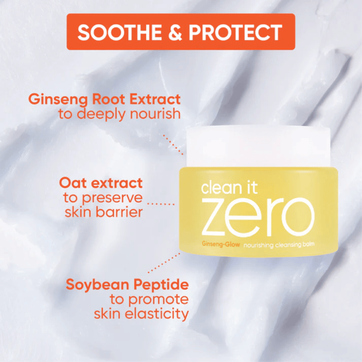 Clean It Zero Ginseng-Glow Cleansing Balm da BANILA CO com ginseng, extrato de aveia e peptídeos de soja, desenvolvido para acalmar, proteger e fortalecer a barreira da pele enquanto dissolve maquiagem e sujeira.