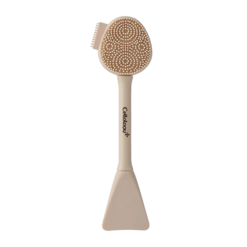 3. Cellolopy Cleaning Brush – escova facial bege com cerdas macias de silicone e espátula para aplicar máscaras faciais