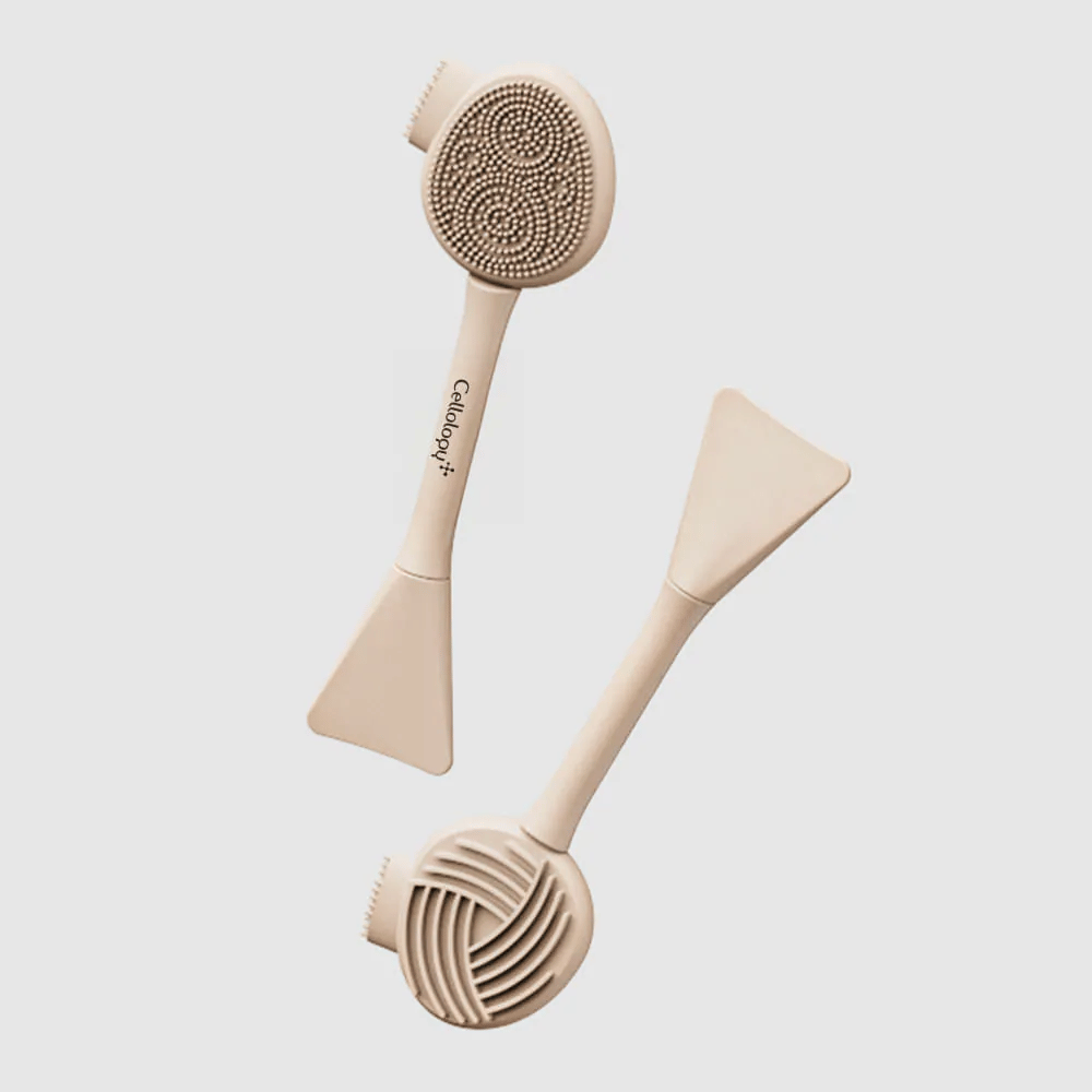 2. Cellolopy Cleaning Brush – frente e verso de escova de limpeza multifuncional com cerdas de silicone, superfície estriada e espátula