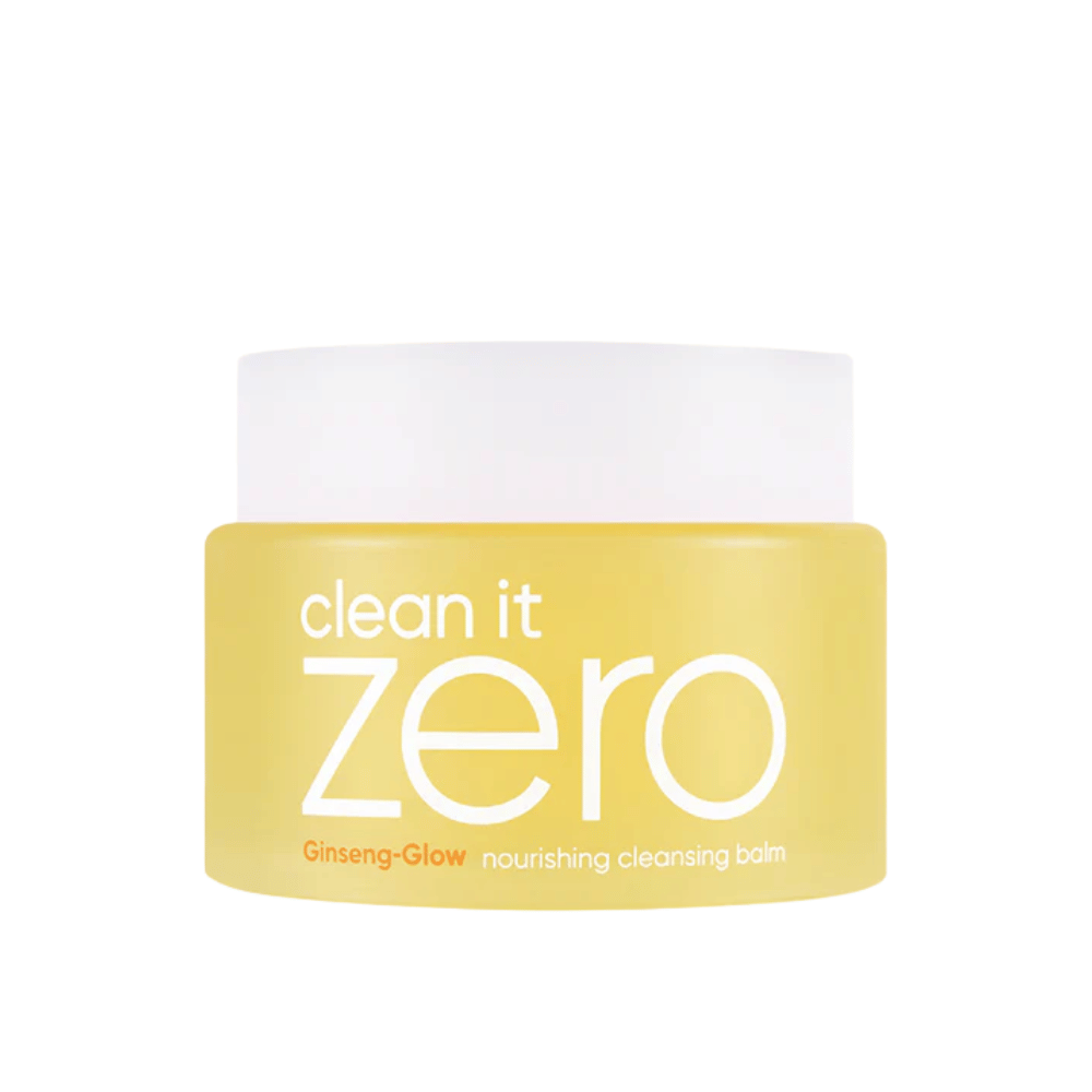 Clean It Zero Ginseng-Glow Nourishing Cleansing Balm em pote amarelo sobre fundo branco, um bálsamo de limpeza hidratante da BANILA CO que remove eficazmente maquiagem e impurezas.