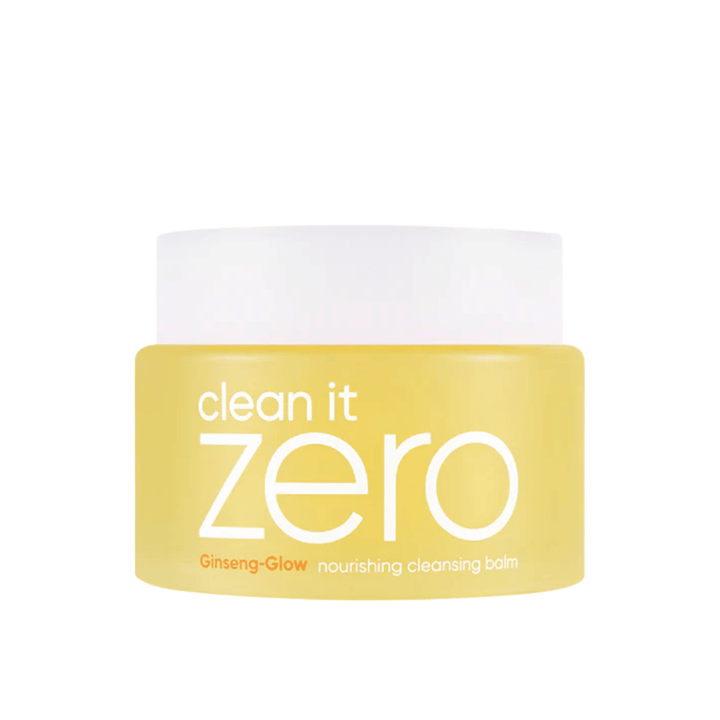 Clean It Zero Ginseng-Glow Nourishing Cleansing Balm em pote amarelo sobre fundo branco, um bálsamo de limpeza hidratante da BANILA CO que remove eficazmente maquiagem e impurezas.