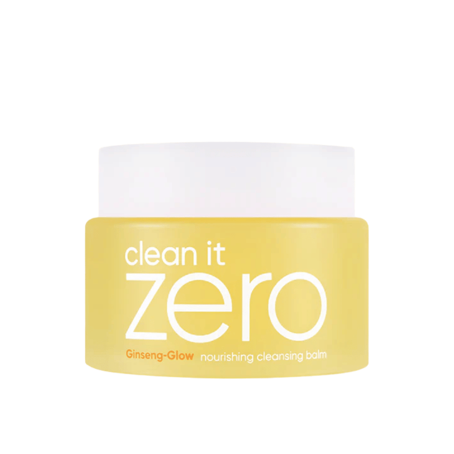 Clean It Zero Ginseng-Glow Nourishing Cleansing Balm em pote amarelo sobre fundo branco, um bálsamo de limpeza hidratante da BANILA CO que remove eficazmente maquiagem e impurezas.