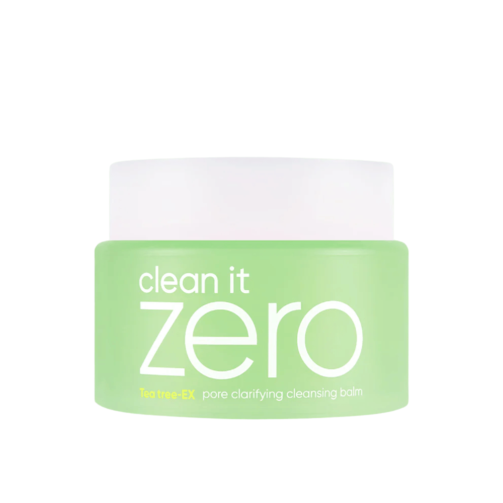 Clean It Zero Tea Tree-EX Pore Clarifying Cleansing Balm em pote verde sobre fundo branco, desenvolvido para pele oleosa e mista que necessita de limpeza equilibrante e purificadora de poros.