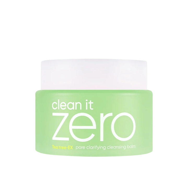 Clean It Zero Tea Tree-EX Pore Clarifying Cleansing Balm em pote verde sobre fundo branco, desenvolvido para pele oleosa e mista que necessita de limpeza equilibrante e purificadora de poros.