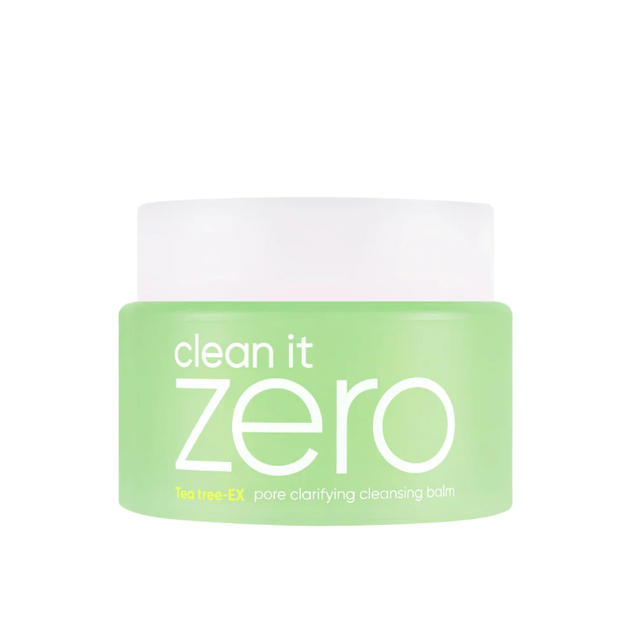 Clean It Zero Tea Tree-EX Pore Clarifying Cleansing Balm em pote verde sobre fundo branco, desenvolvido para pele oleosa e mista que necessita de limpeza equilibrante e purificadora de poros.