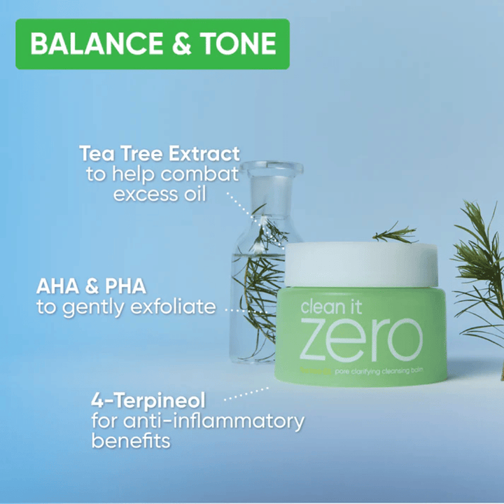 Clean It Zero Pore Clarifying Cleansing Balm com extrato de Tea Tree, AHA e PHA que equilibram a pele, reduzem o excesso de óleo e esfoliam suavemente para um tom de pele mais claro.