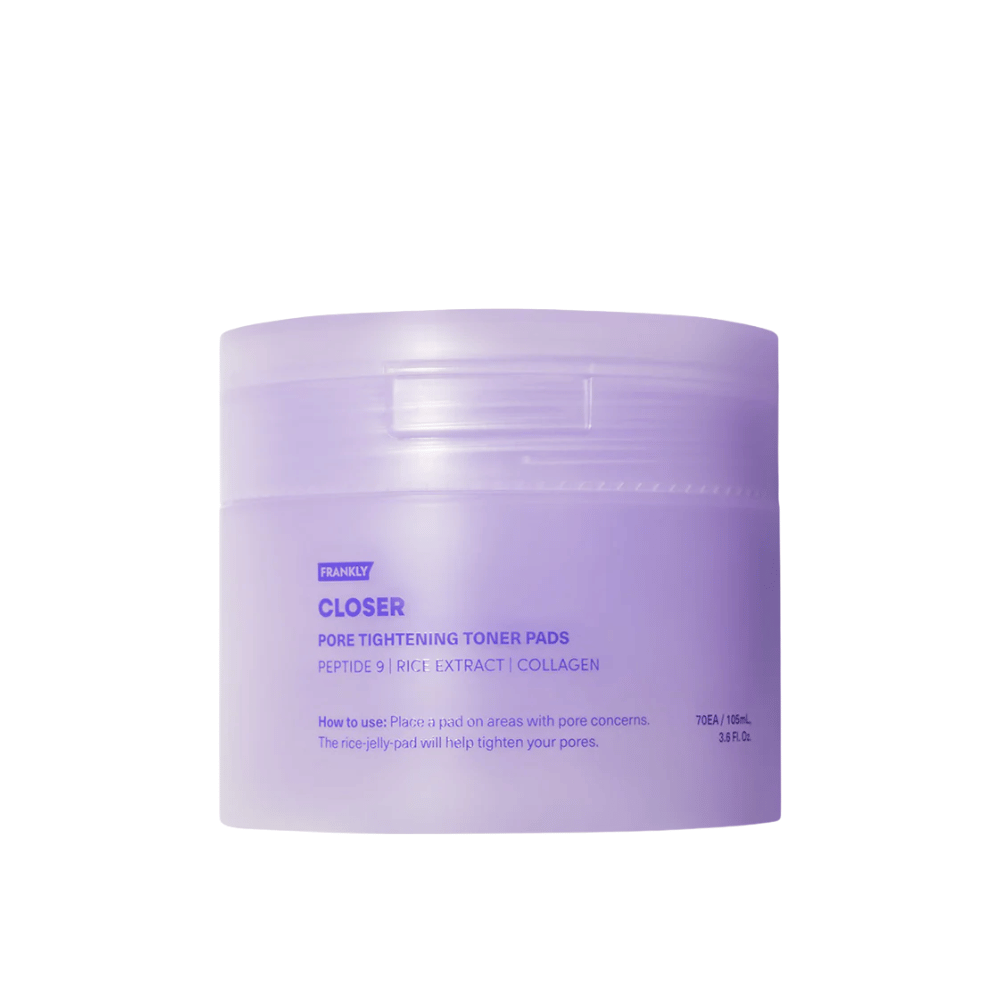 Imagem do produto FRANKLY Closer Pore Tightening Toner Pads em pote roxo. Almofadas de toner com peptídeos, extrato de arroz e colágeno para refinar os poros.