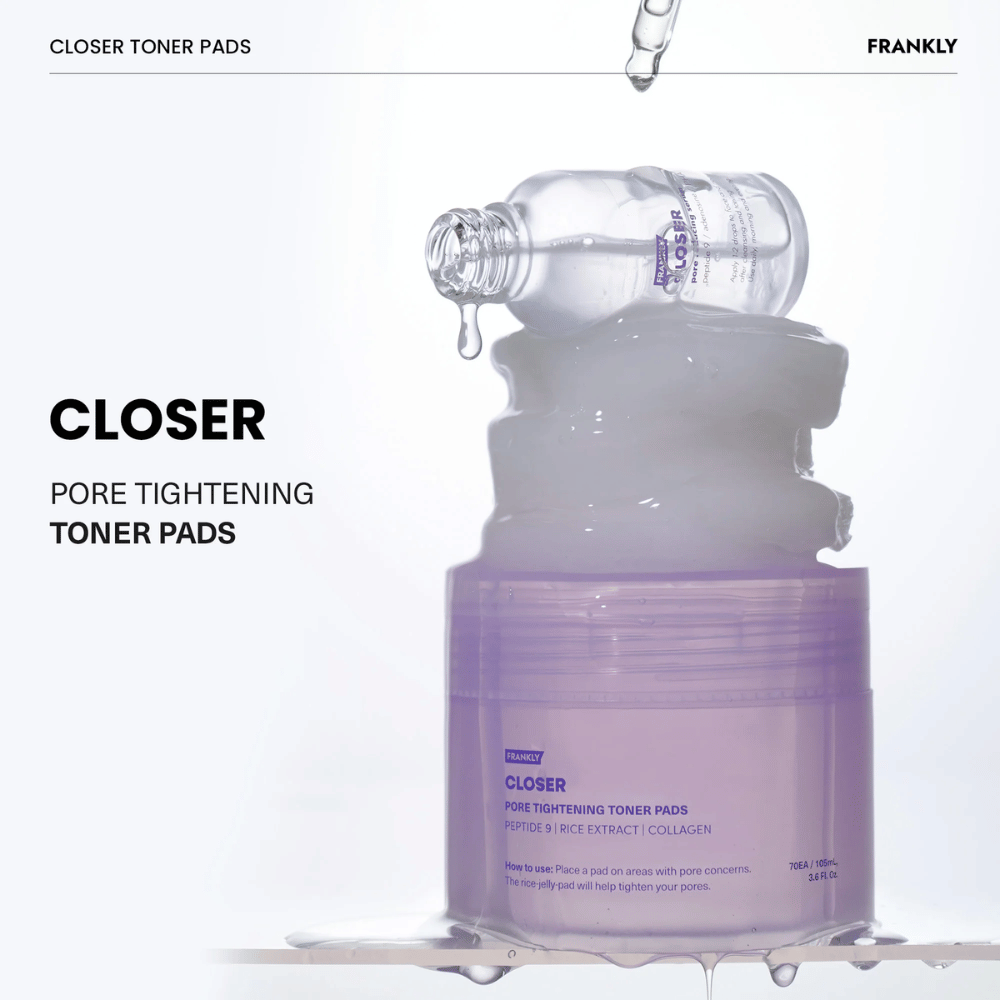 FRANKLY Closer Toner Pads com toner que goteja. Mostra o produto cheio de essência hidratante para refinar os poros e refrescar a pele.