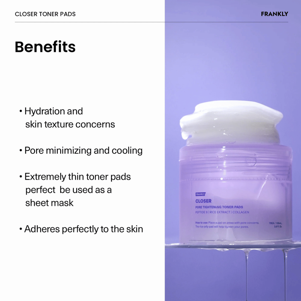 Pote roxo com FRANKLY Closer Toner Pads cheio de almofadas finas e hidratantes. O texto descreve benefícios como a redução dos poros e efeito refrescante.
