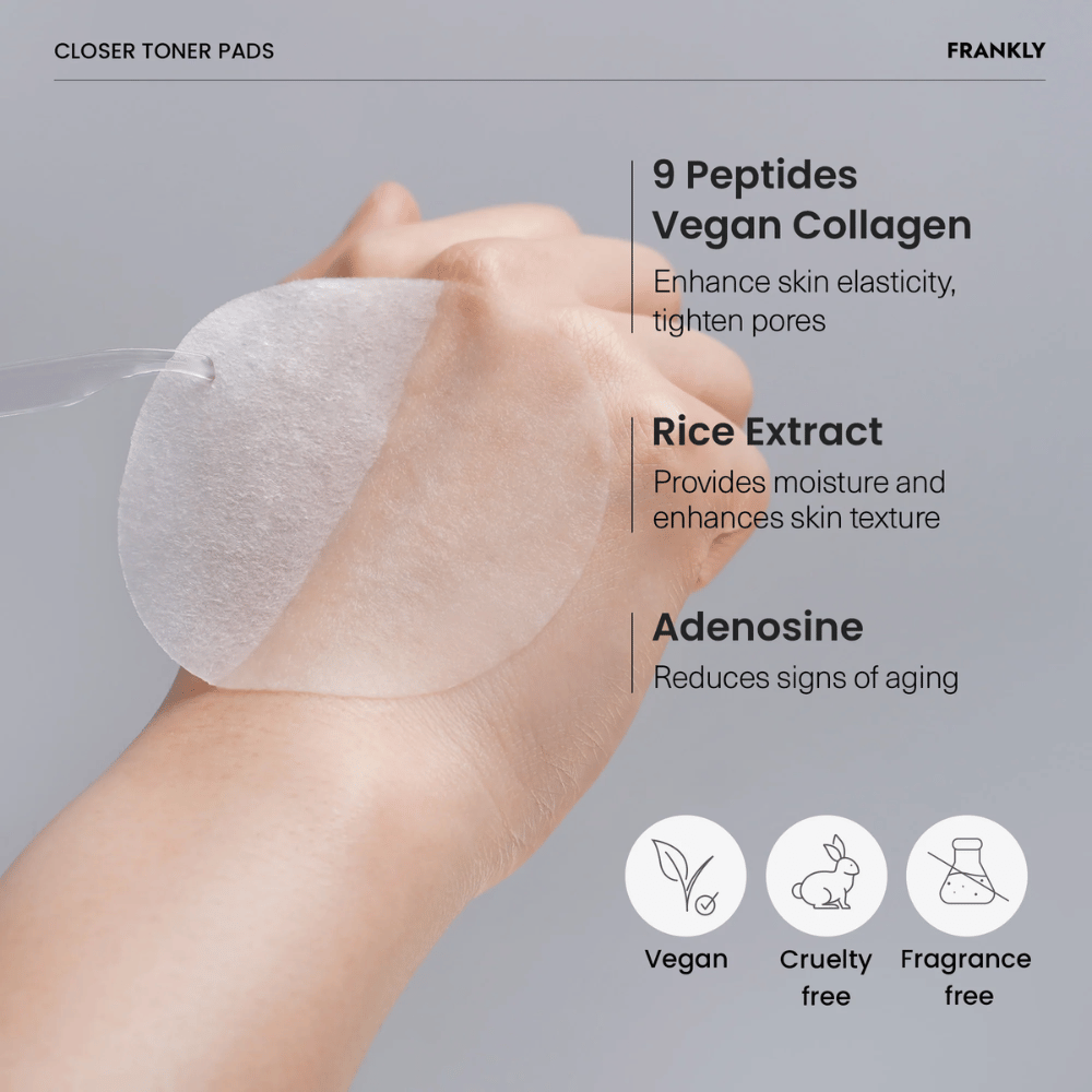 Close-up de FRANKLY Closer Toner Pad na mão. O texto mostra ingredientes como 9 peptídeos, colágeno vegano, extrato de arroz e adenosina. Vegano e cruelty-free.