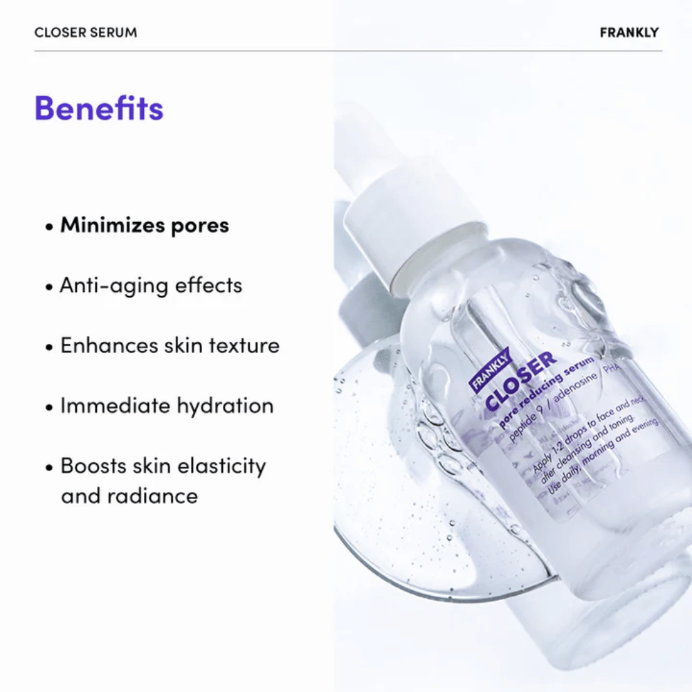 FRANKLY Closer Serum em frasco transparente sobre uma superfície brilhante. O texto destaca benefícios como poros minimizados, hidratação e textura da pele melhorada.