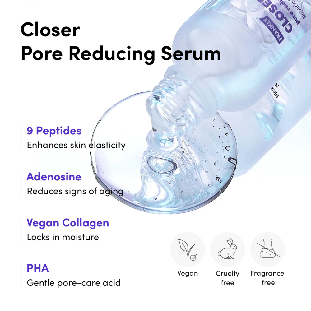 Close-up do FRANKLY Closer Pore Reducing Serum com ingredientes: 9 peptídeos, adenosina, colágeno vegano e PHA. Fórmula vegana e cruelty-free.