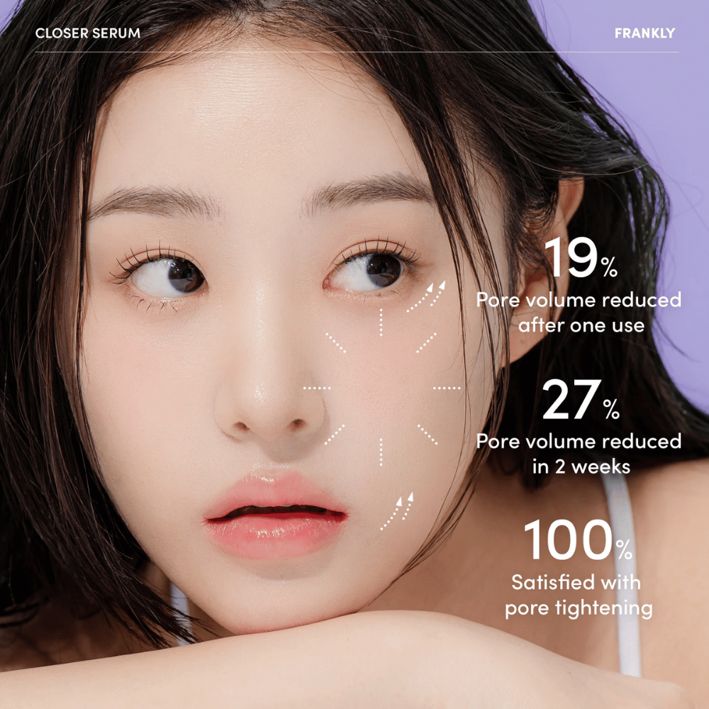 Mulher com FRANKLY Closer Serum mostra resultados: 19% de redução dos poros após uma utilização, 27% em duas semanas, 100% satisfeitos com a redução dos poros.