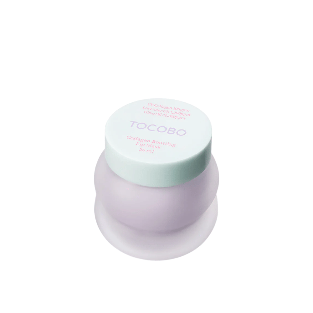 Close-up de frasco fechado TOCOBO Collagen Boosting Lip Mask com tampa verde menta sobre fundo branco.