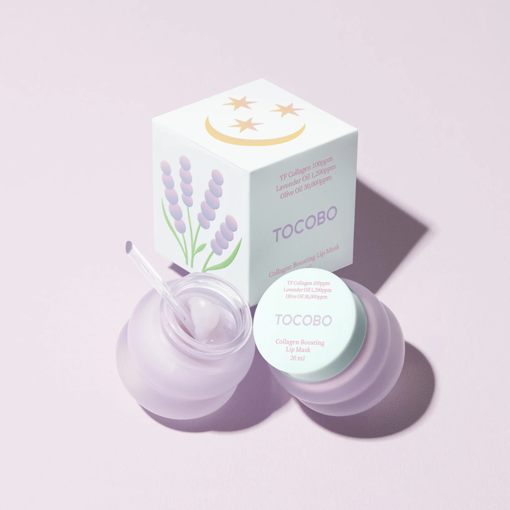 TOCOBO Collagen Boosting Lip Mask com embalagem decorada com lavanda e símbolos da lua.