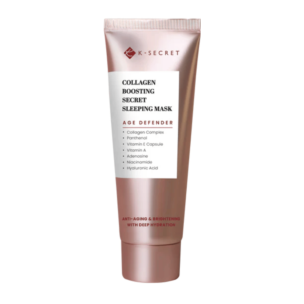 Imagem do produto de K-SECRET Collagen Boosting Secret Sleeping Mask em um tubo cor de ouro rosa com texto destacando anti-envelhecimento, hidratação e ingredientes como colágeno, pantenol e ácido hialurônico.