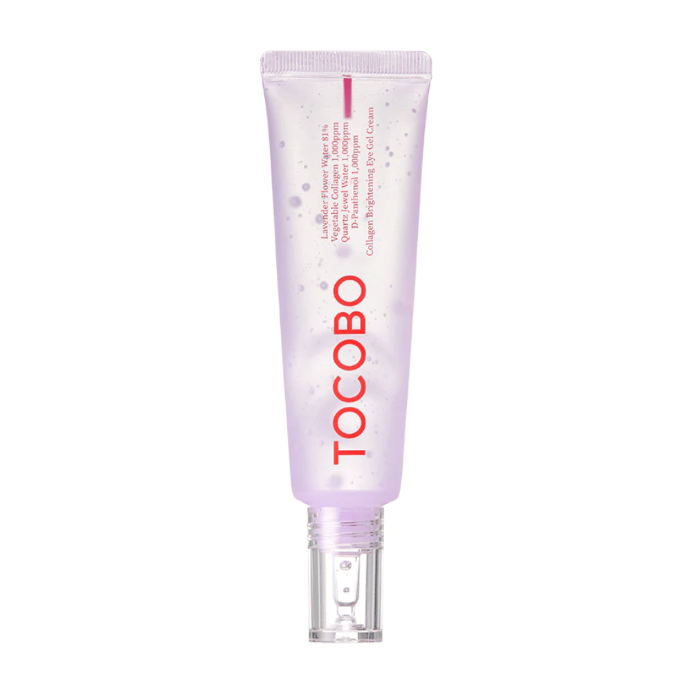 O produto na imagem é "Collagen Brightening Eye Gel Cream" de TOCOBO. É um gel para os olhos em um tubo roxo com pontos brancos, projetado para iluminar e melhorar a aparência da pele ao redor dos olhos.