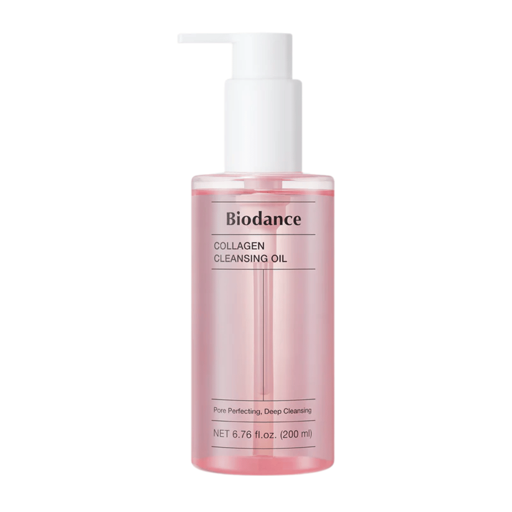 Imagem do produto de Biodance Collagen Cleansing Oil em uma garrafa rosa transparente com bomba branca, texto "Pore Perfecting, Deep Cleansing" e indicação de volume 200 ml.